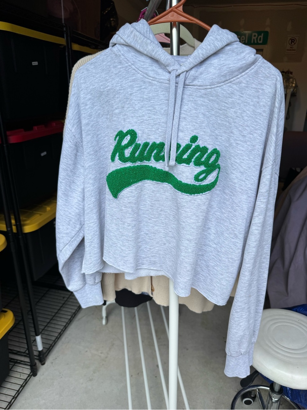 H&M Light Gray Cropped Hoodie with Green 'Running'
